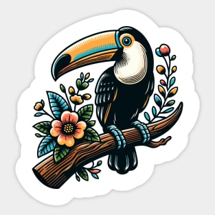 Toucan bird on a tree branch with colorful flowers Sticker